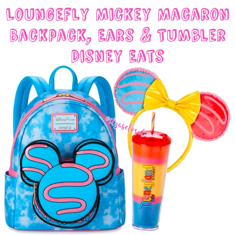 Loungefly Mickey Disney Eats Macaron Backpack, Ears, & Tumbler Bundle Set NWT